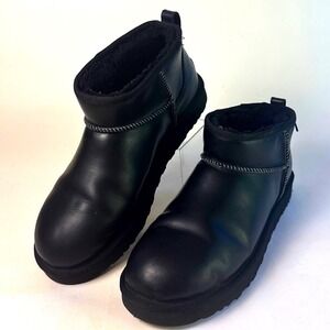 UGG Classic Ultra Mini Regenerate Black Leather Boots Mens 12 1158191